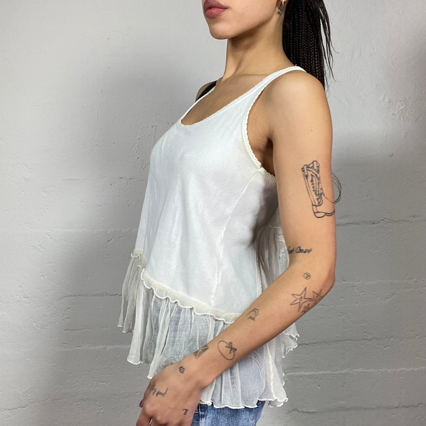 Vintage 2000's Sleaze White Top with Mesh Volant Detail (S/M)