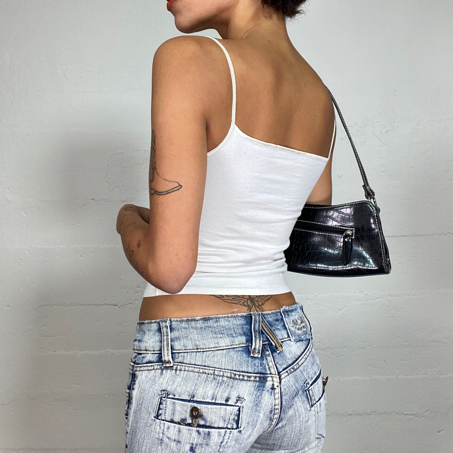 Vintage 2000's Soft Girl White Top with Black Butterfly Print (S)