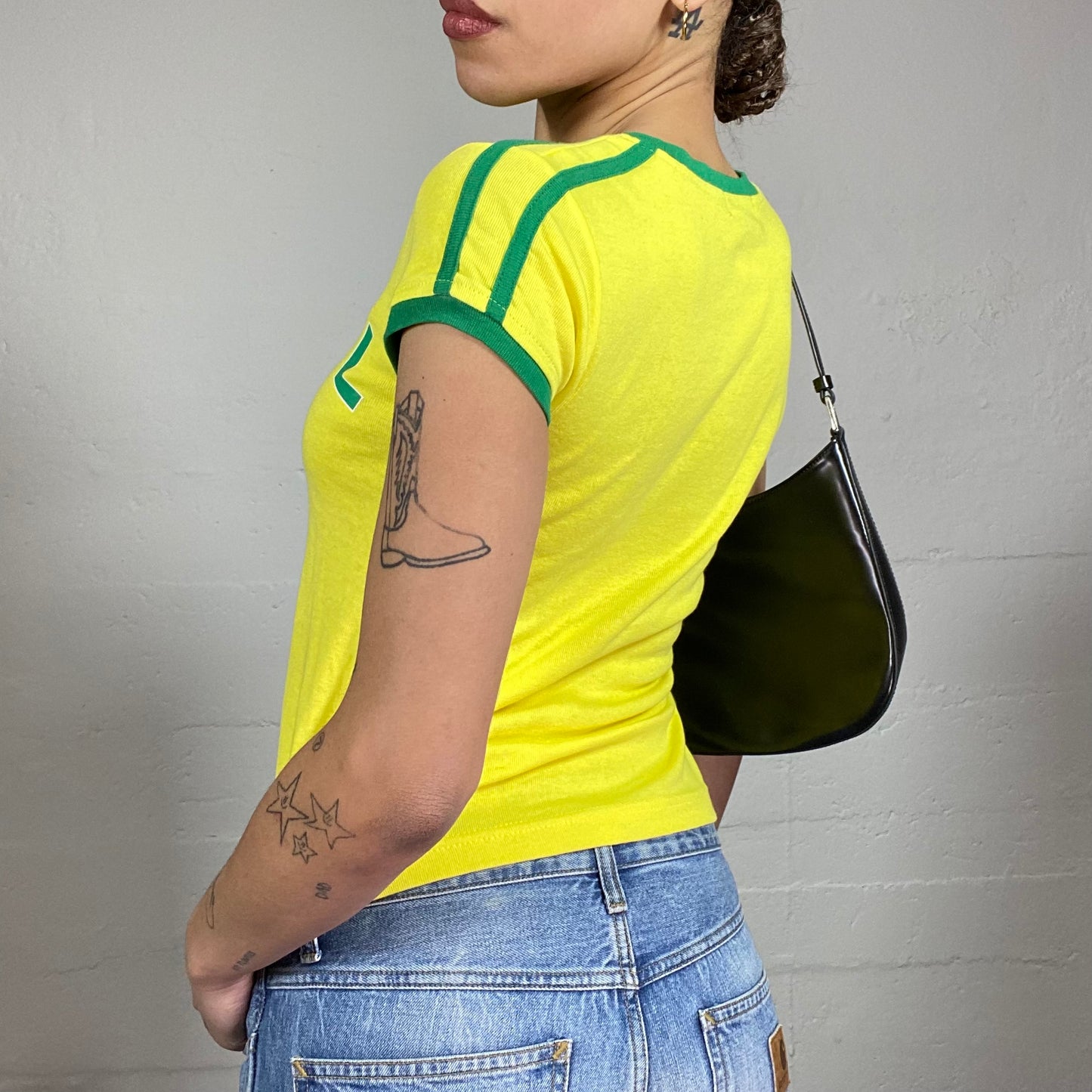 Vintage 2000's Sporty Yellow Football Top with Green "Brasil" Print (S)
