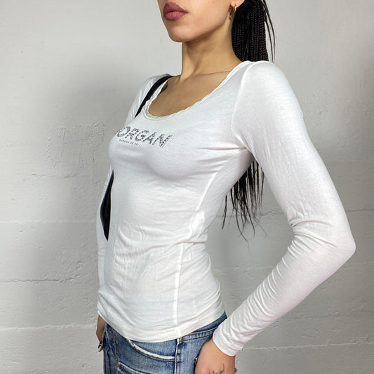 Vintage 2000's Morgan Downtown Girl White Longsleeve Top with Rhinestones Print Chest (S)