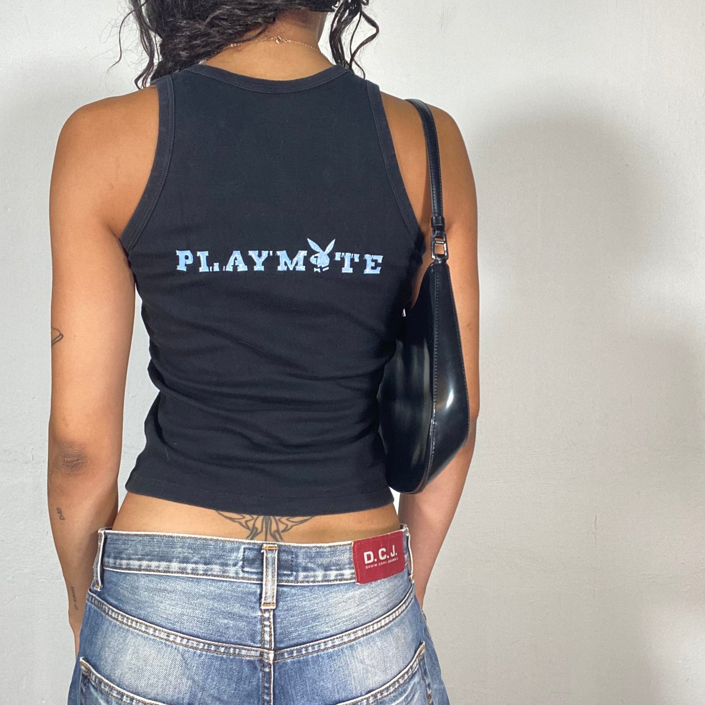 Vintage 2000's Playboy Downtown Girl Black Tank Top with Blue Glitter Logo Detail (XS)