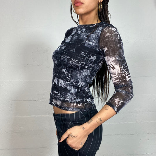 Vintage 2000's Cyber Grey Longsleeve Top with Graffiti Typography Print (S)