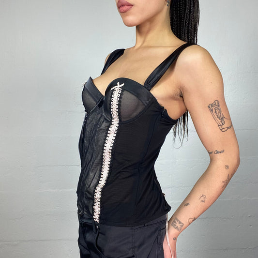 Vintage 2000's Goth Babydoll Black Satin Corset Top with Pink Laceing Detail (S)