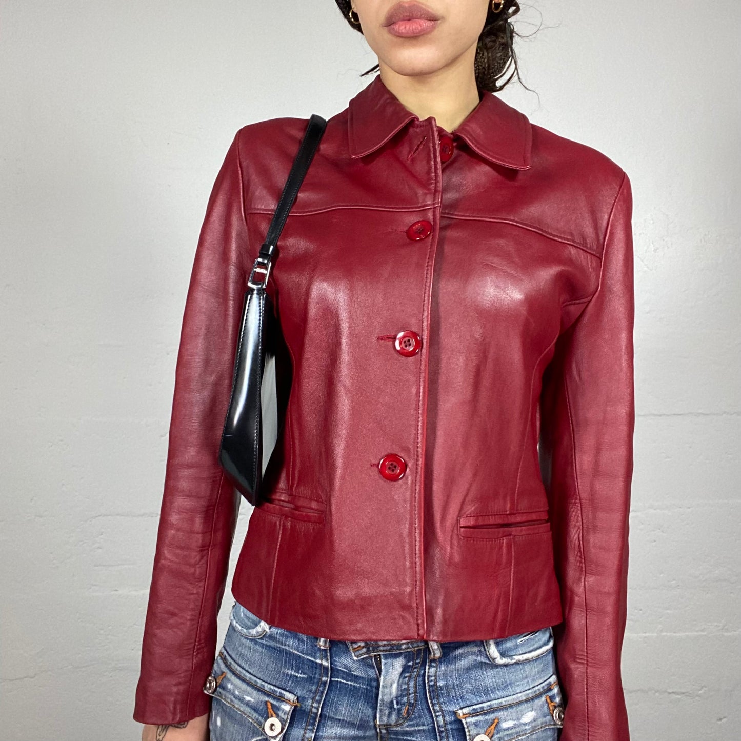 Vintage 2000 Classic Dark Red Leather Jacket with Buttons (M)