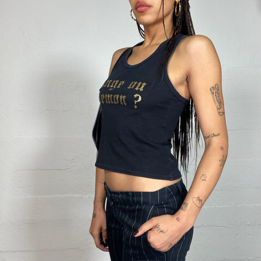 Vintage 2000's Snooki Black Top with Gold "Ange ou Demon" Print (S/M)