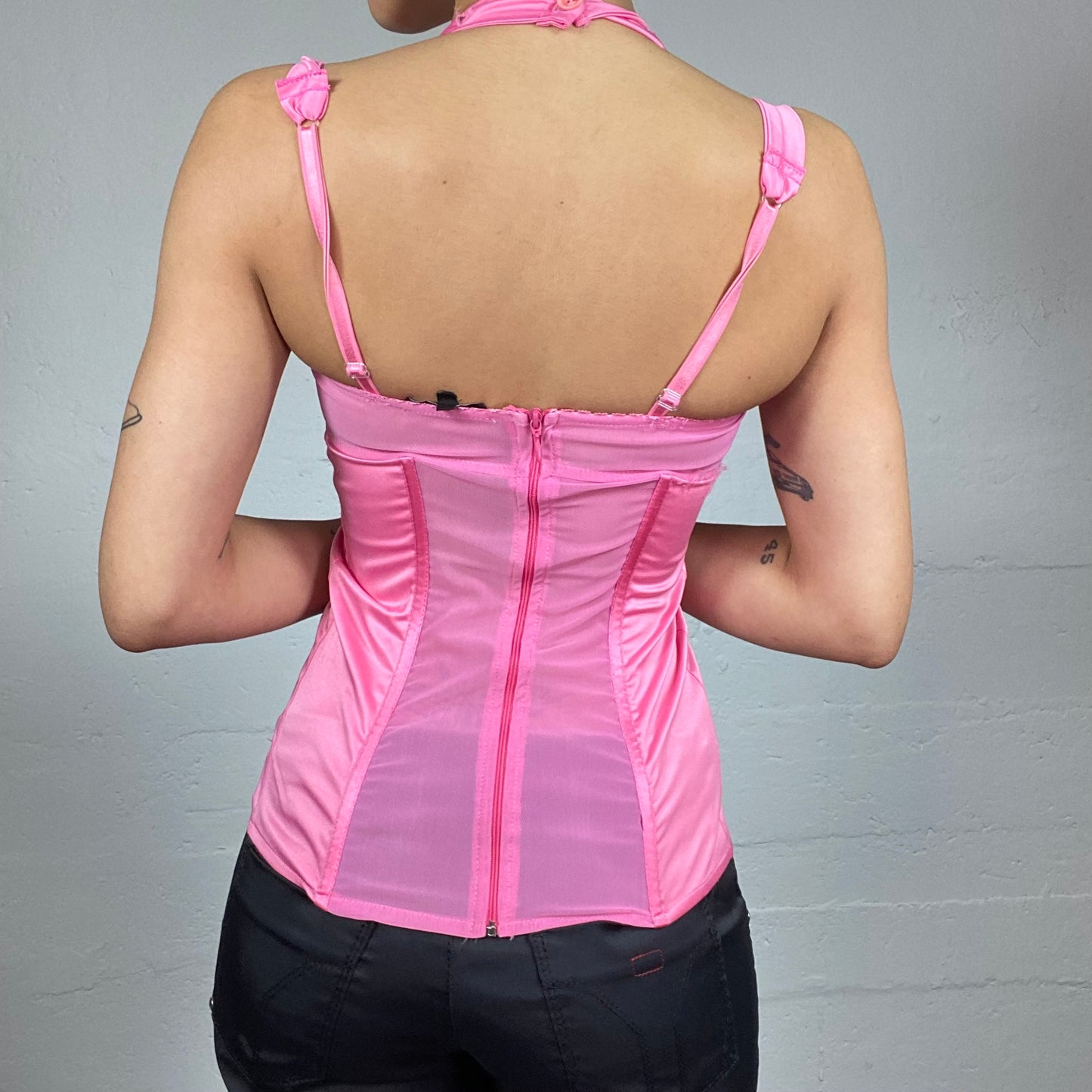 Vintage 2000's Soft Girl Pink Satin Corset Top with Ribbon Neckline Detail (S)