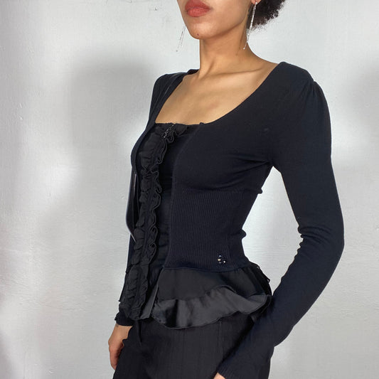 Vintage 2000's Morgan De Toi Black Zip Up Top with Ruffle Details (S)