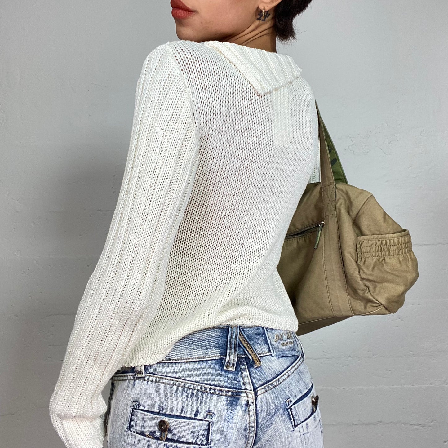 Vintage 90's Whimsigoth White Crochet V-Neck Sweater with Side Lace Up Detail (S/M)