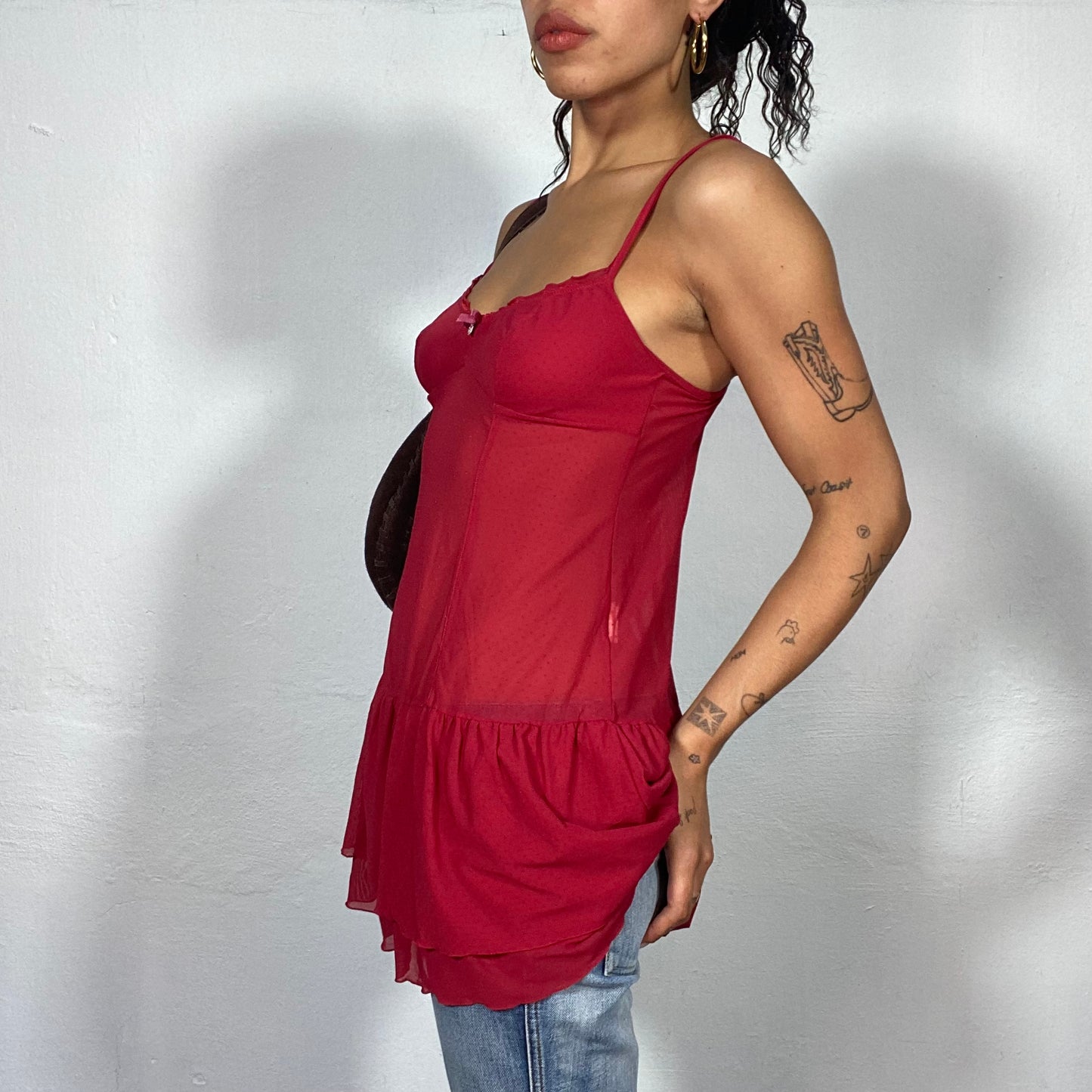 90's Funky Neck-holder Brown Top with Pink Flamingos Print Detail (XS/S)