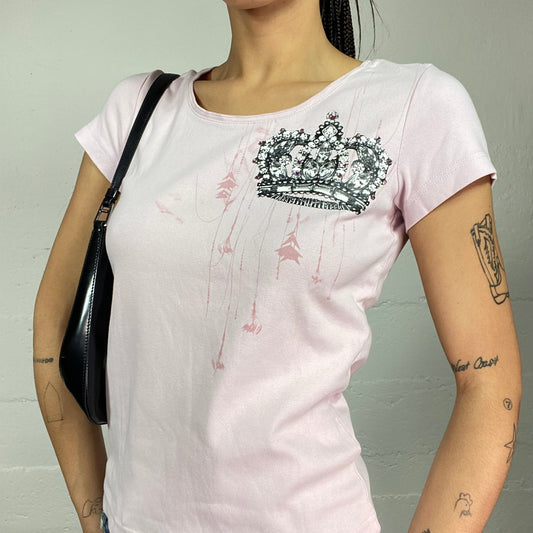 Vintage 2000's Sporty Pink Top with Strass Crown Print Detail (S)