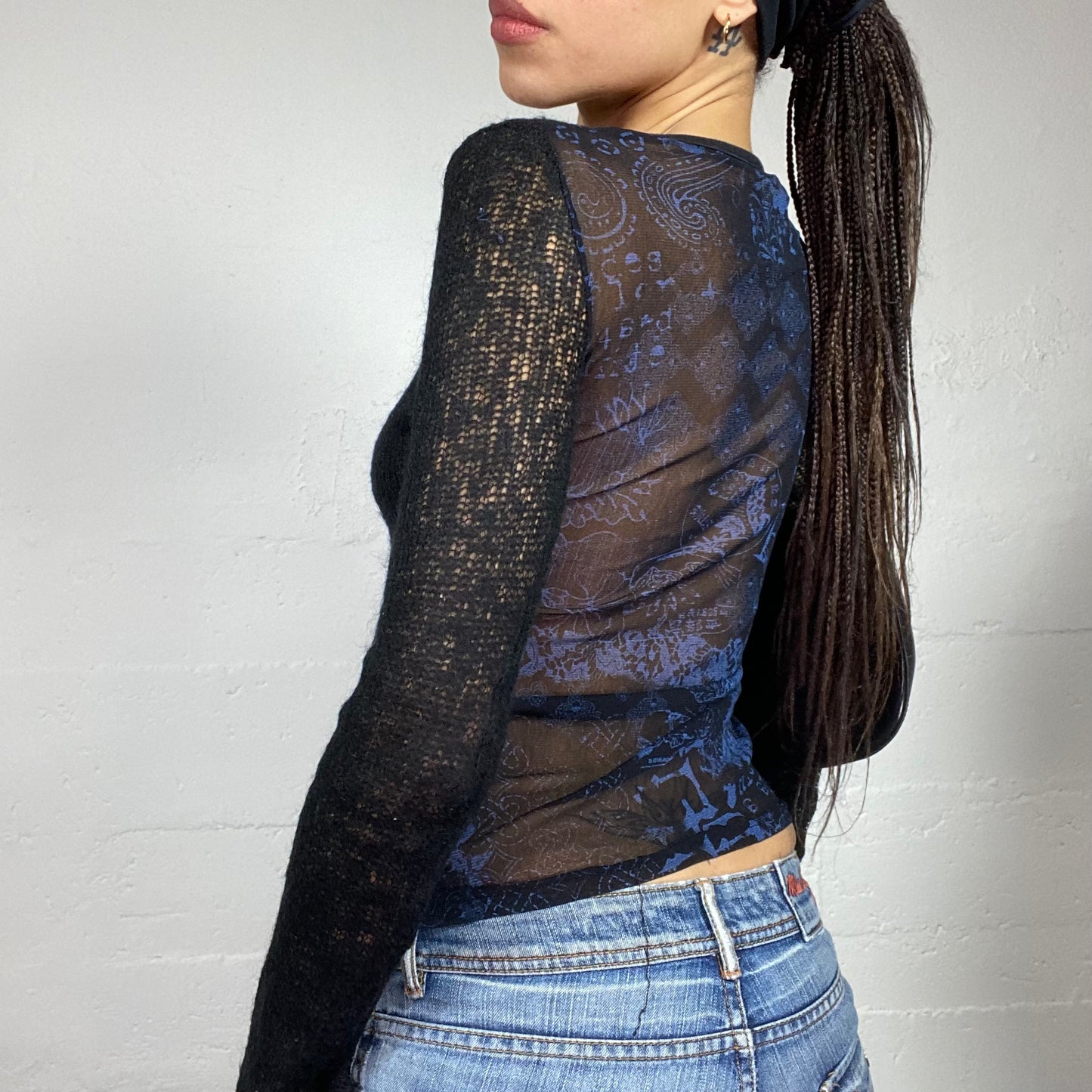 Vintage 2000's Downtown Girl Black Knitted Longsleeve Top with Blue Typography Print (S)