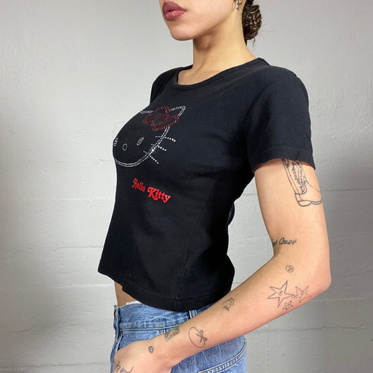 Vintage 2000's Cute Girl Hello Kitty Black Top with Character Strass Print (S)
