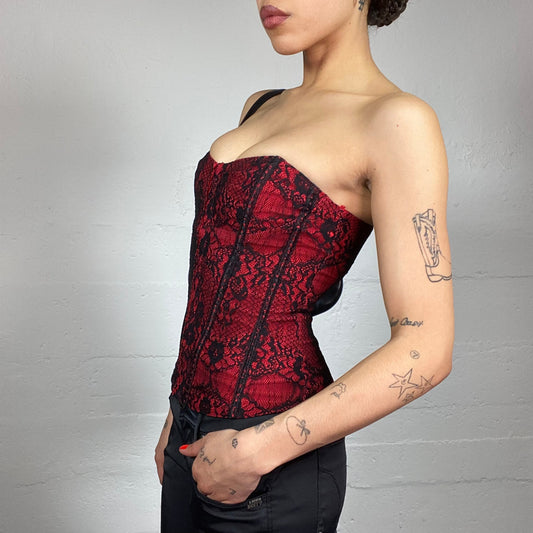 Vintage 2000's Vamp Goth Garnet Strapless Corset Top with Black lace Covering Material (XS)