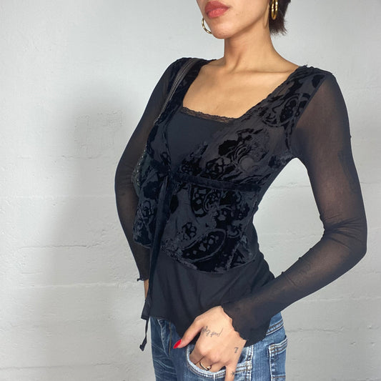 Vintage 2000's Coquette Black Mesh Longlseeve Top with Textured Floral Print (S)