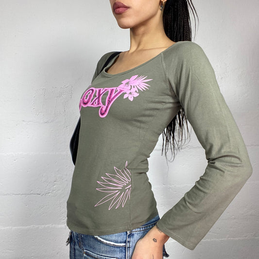Vintage 2000's Roxy Downtown Girl Khaki Longsleeve Top with Pink Brand Print Chest (S)
