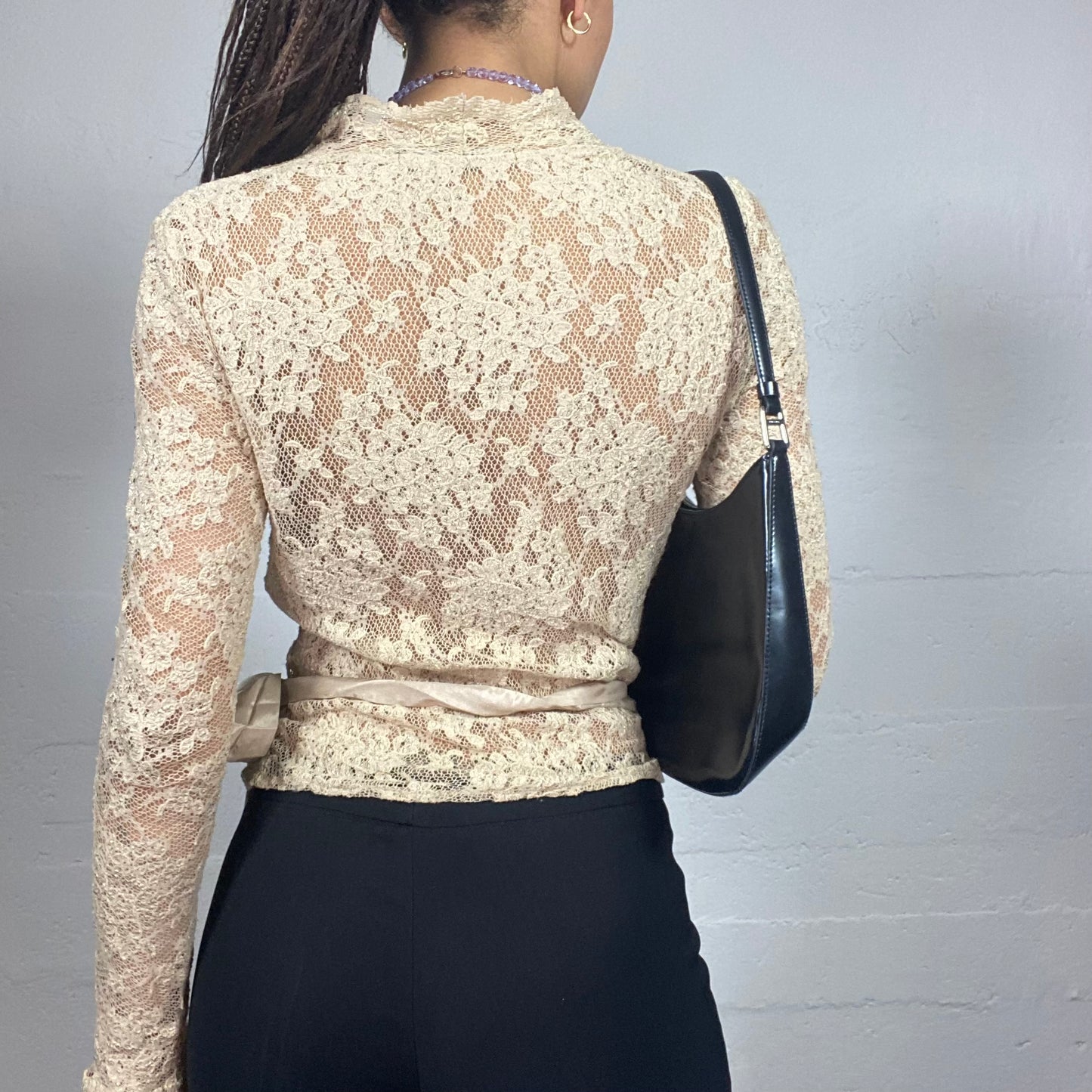 Vintage 2000's Coquette Girl Champagne Crossed Longsleeve Blouse with Satin Ribbon Detail (M)