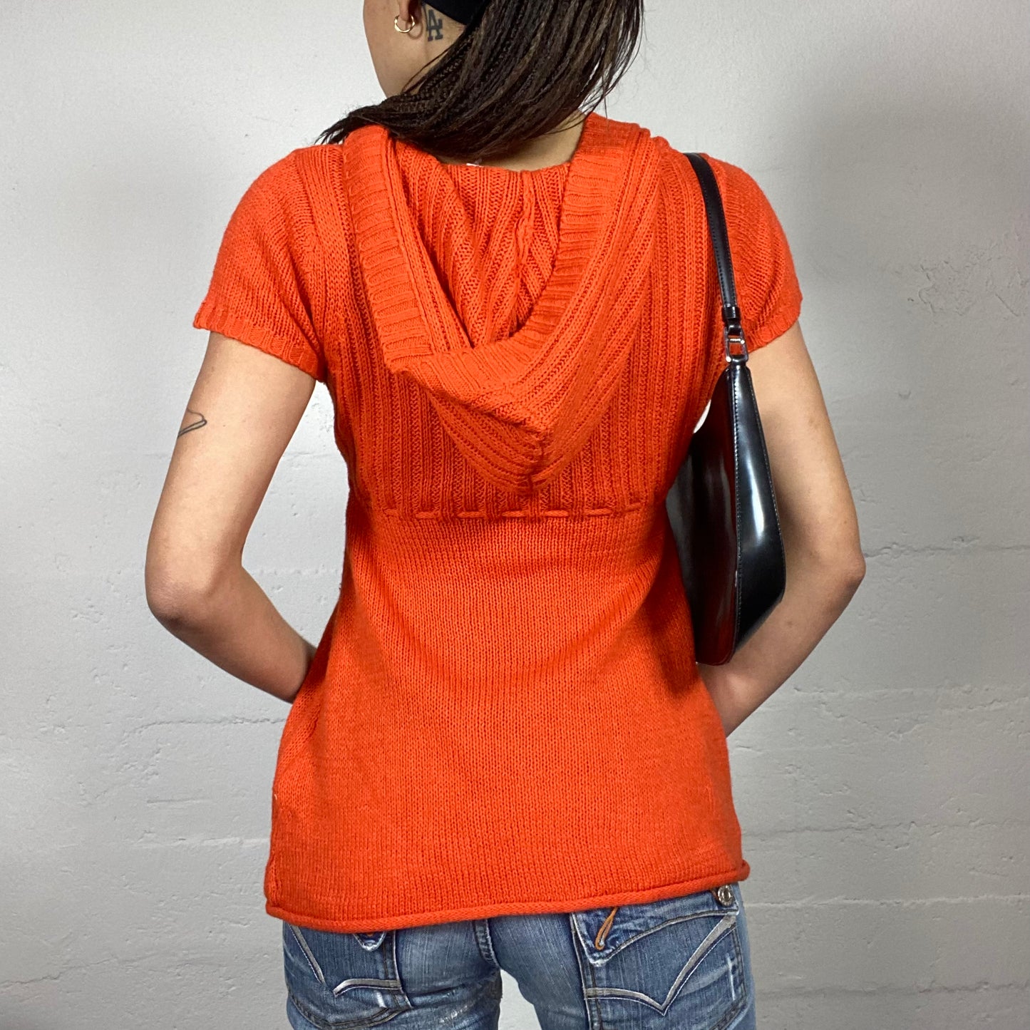 Vintage 2000's English It Girl Orange Knit Hooded Cardigan with Pompons Lace Up Detail (M)
