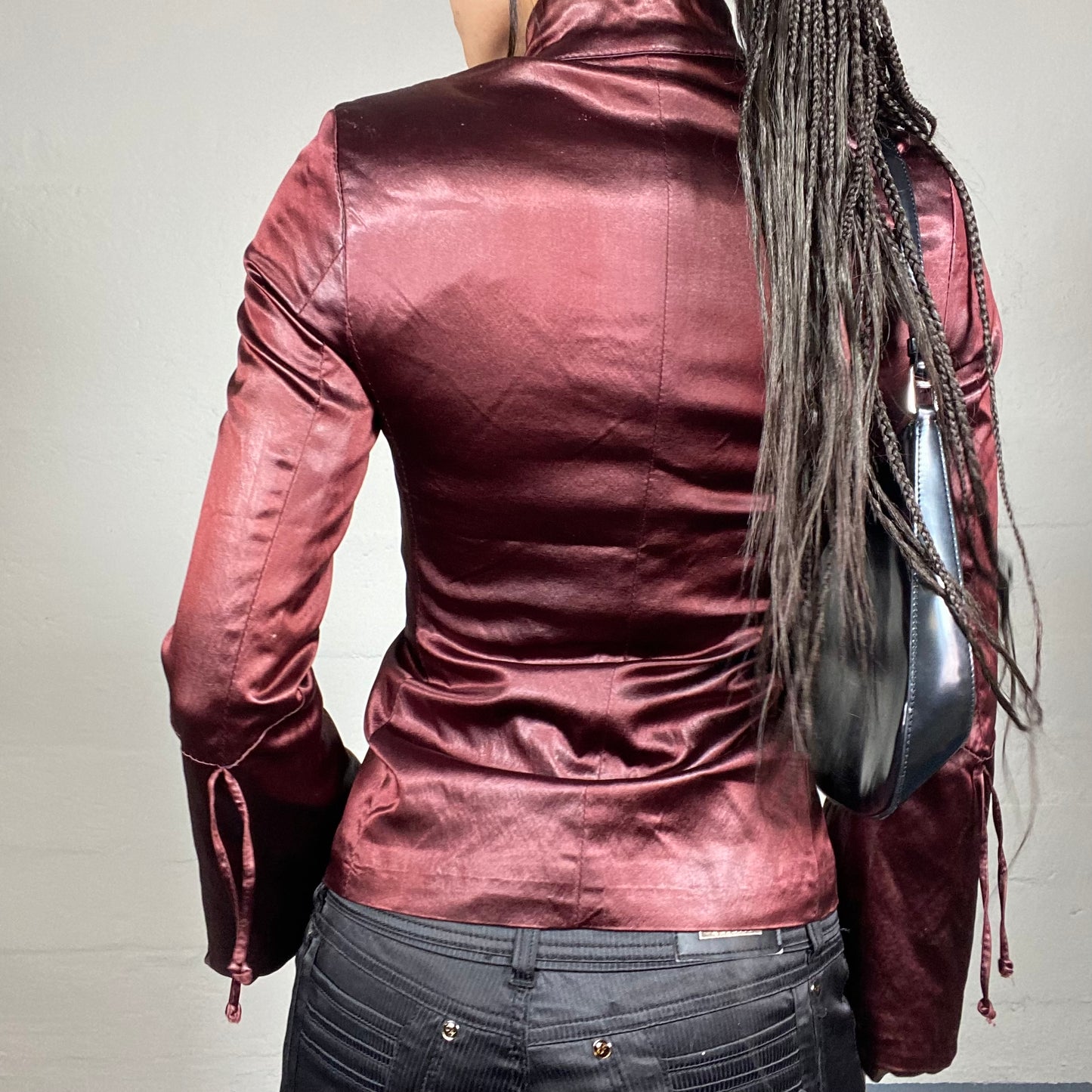 Vintage 2000's Charlie's Angels Bordeaux Short Coat with Satin Material and Highneck Detail (XS)