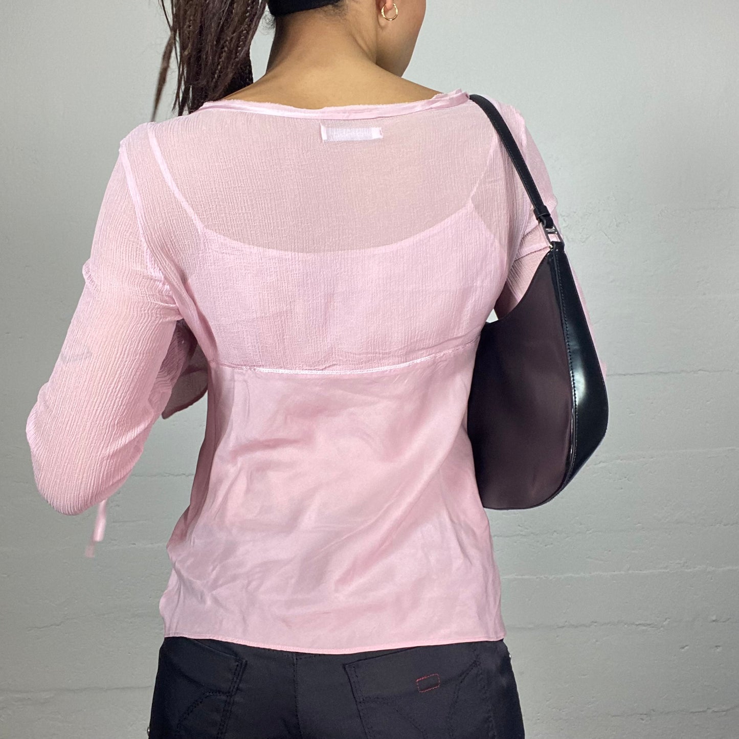 Vintage 2000's Soft Girl Pink Longsleeve Top with See Through Material (M)