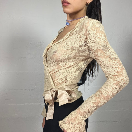 Vintage 2000's Coquette Girl Champagne Crossed Longsleeve Blouse with Satin Ribbon Detail (M)
