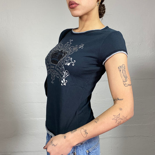 Vintage 2000's Pepe Jeans Black Top with Metallic Badge Crown Print (S)