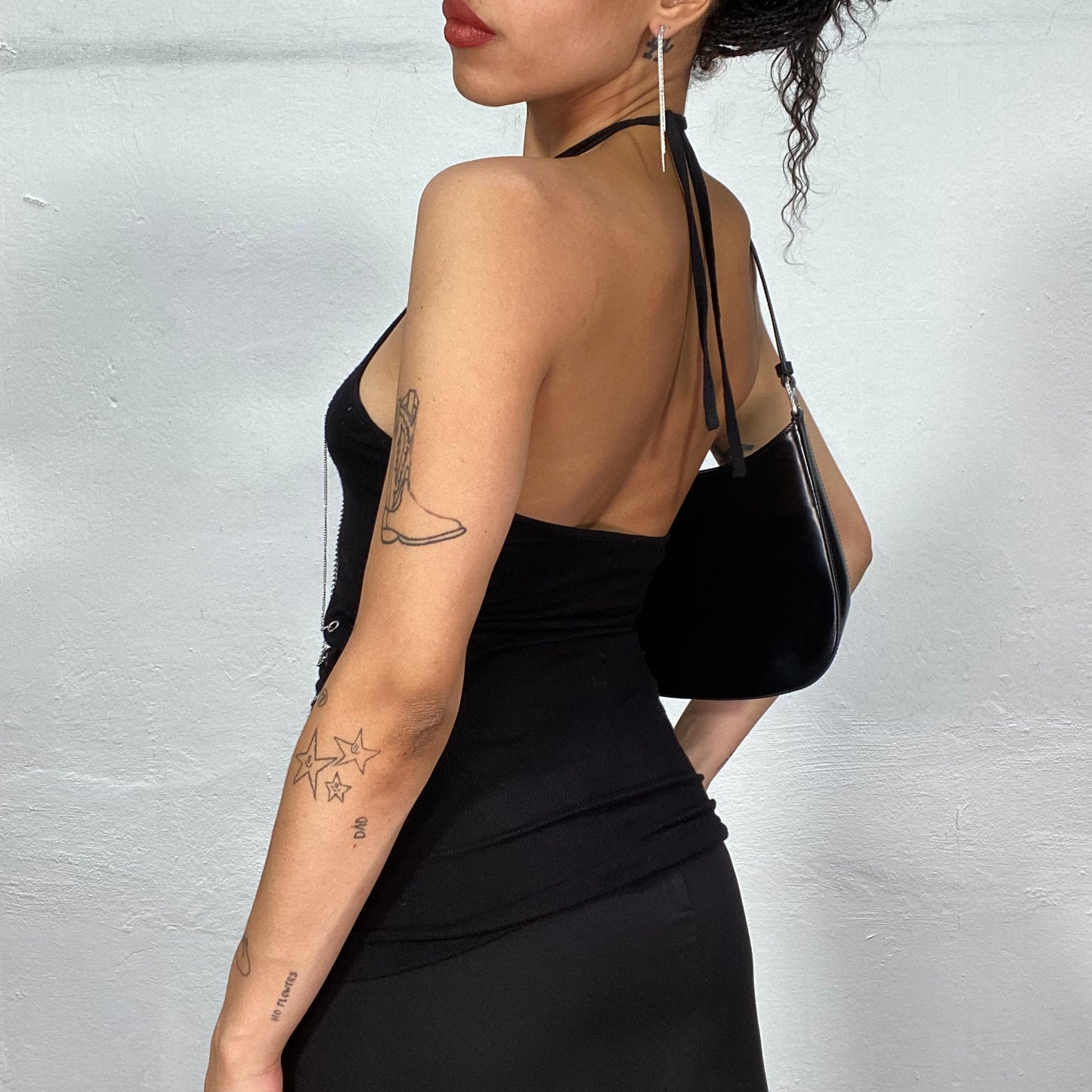 Vintage 2000's Clubwear Black Halter Top with Metallic Chain Detail (S)