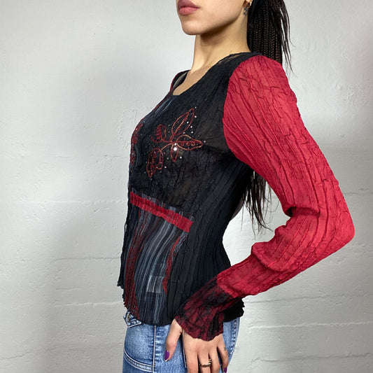 Vintage 90's Phoebe Buffay Red and Black Longsleeve Top with Floral and Rhinestones Embroidery and Textured Material (M)