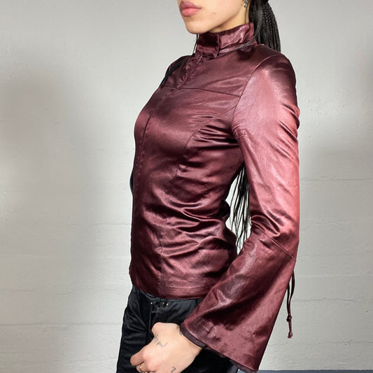 Vintage 2000's Charlie's Angels Bordeaux Short Coat with Satin Material and Highneck Detail (XS)
