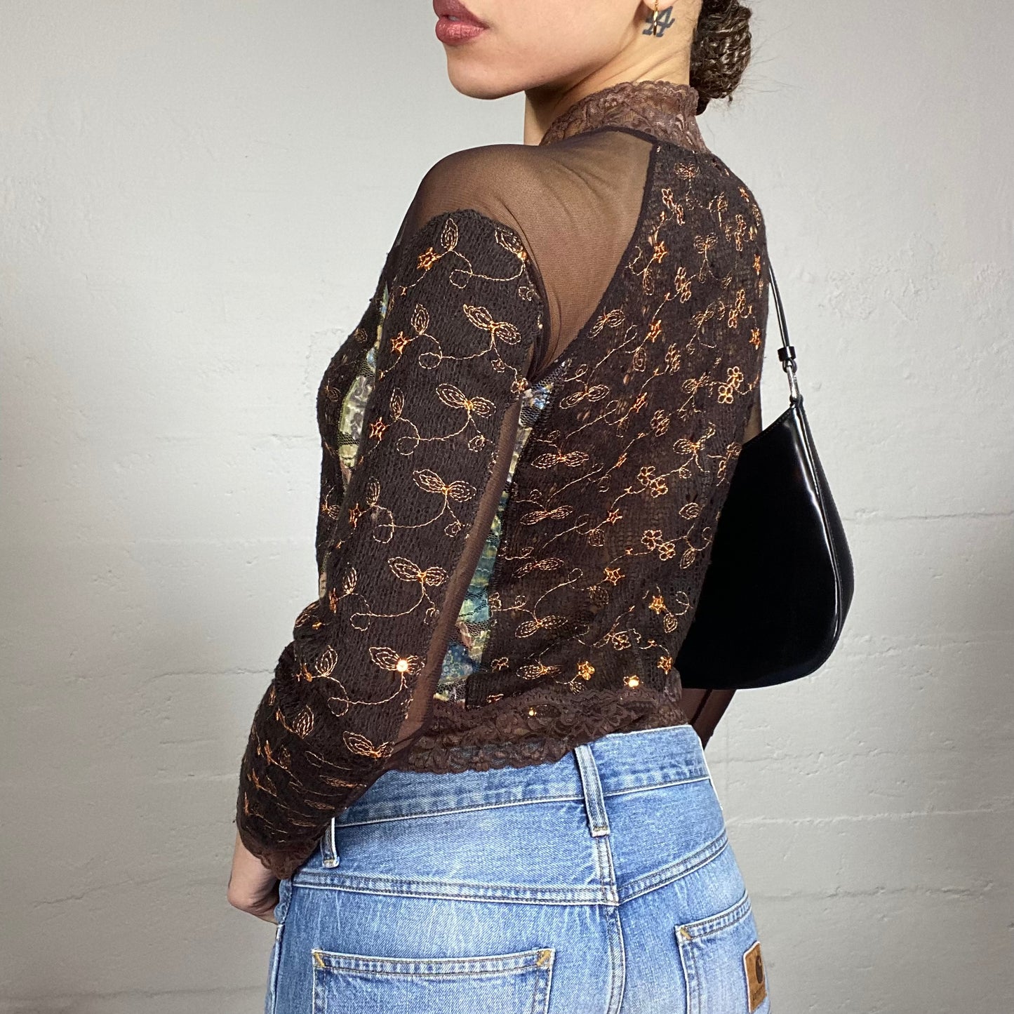 Vintage 2000's Batik Brown Zip Up Jacket with Mesh Longsleeves and Floral Lace Work Detail (S)