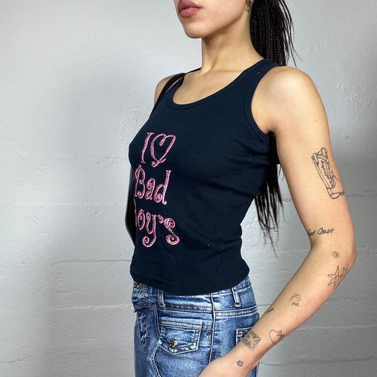 Vintage 2000's Downtown Girl Black Top with Pink Glitter "I <3 Bad Boys" Print Detail (S)