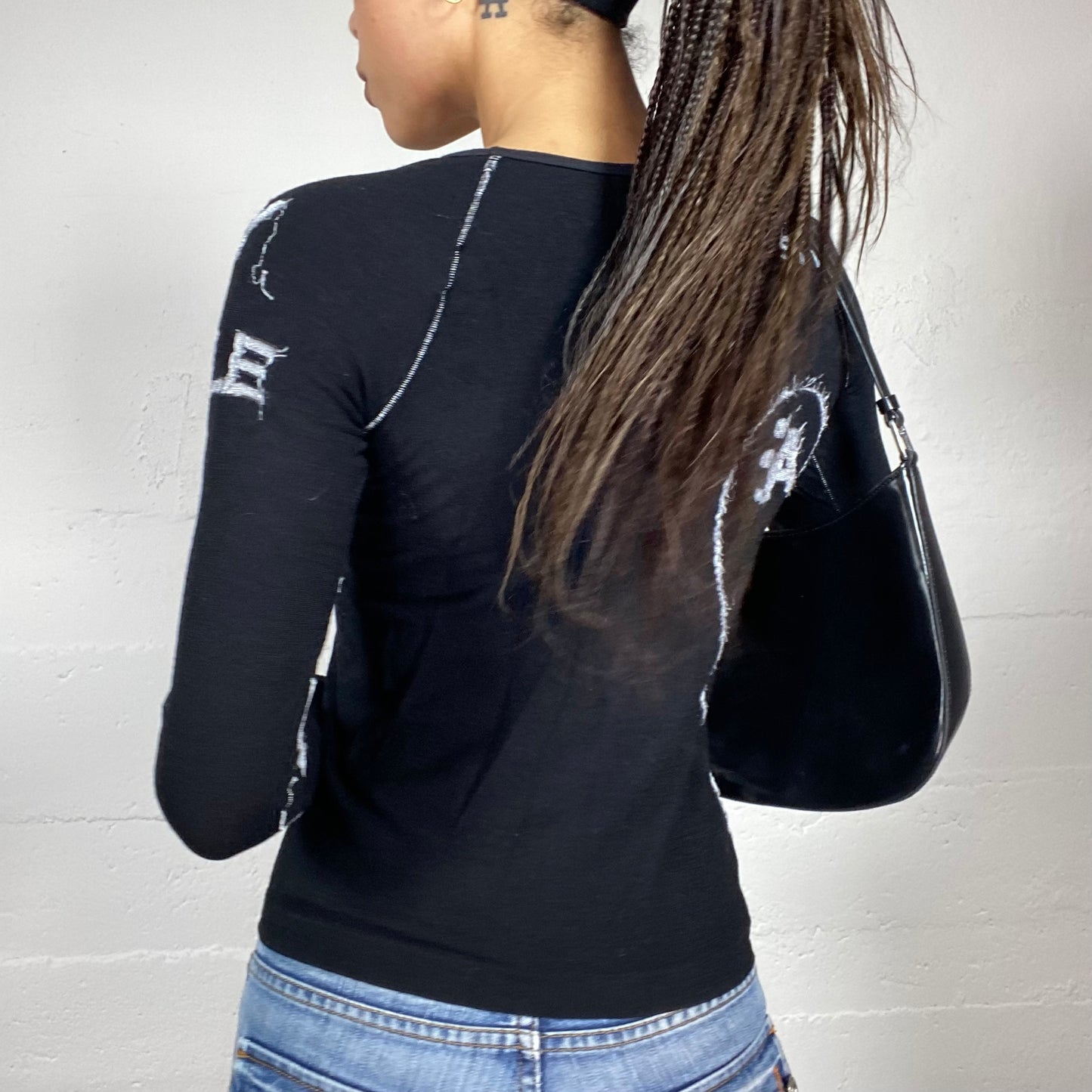 Vintage 2000's Cyber Black Longsleeve Top with Grey Typography Print (S)