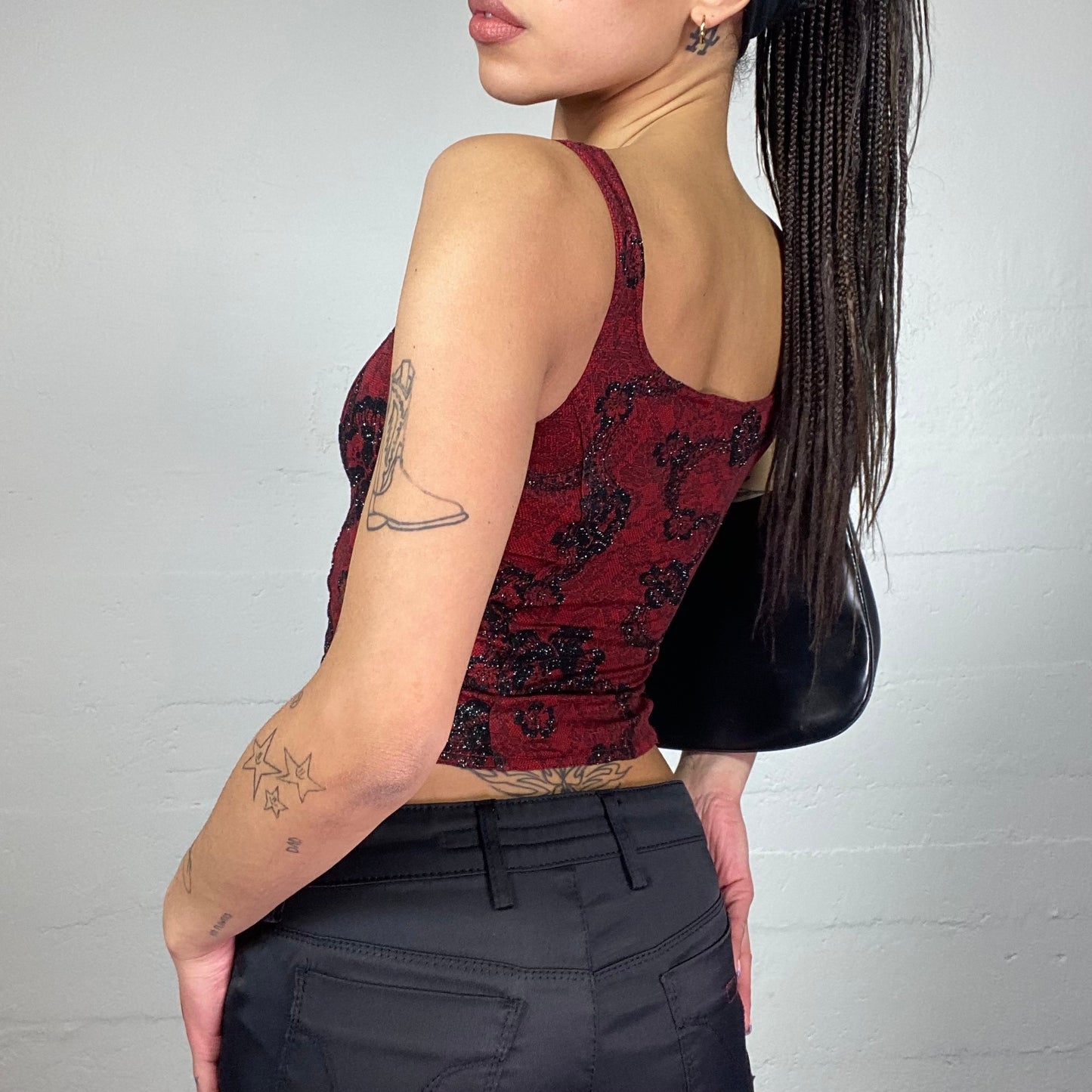 Vintage 2000's Vamp Goth Garnet Corset Top with Black Floral Lacing (S)