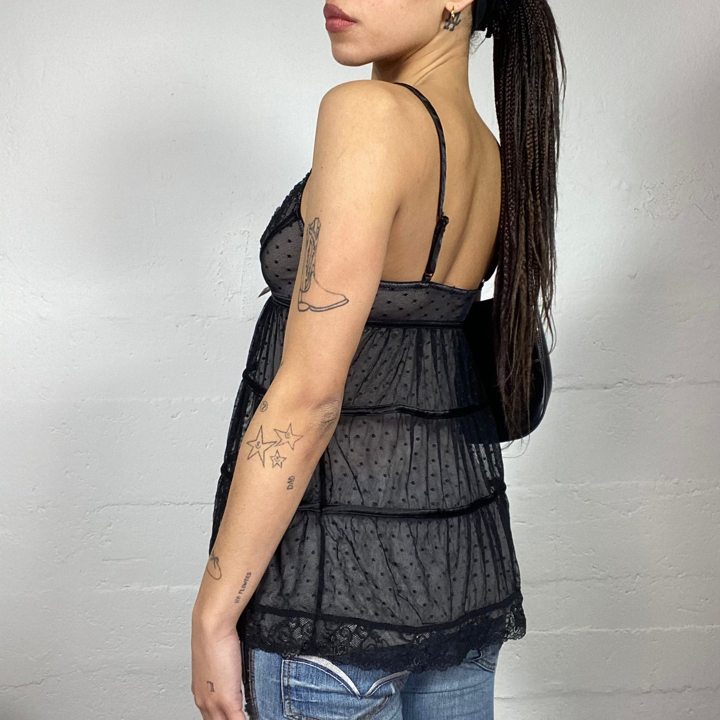 Vintage 2000's Coquette Black Frilled Mesh Top with Polkadots Print and Ribbon Detail (S)