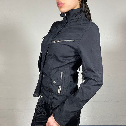 Vintage 2000's Charlie's Angels Black Short Coat with Zips and Highneck Detail (S)