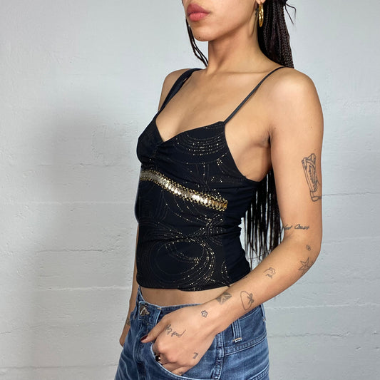 Vintage 2000's Clubwear Black Top with Gold Sequins Belt and Circle Detail (S)