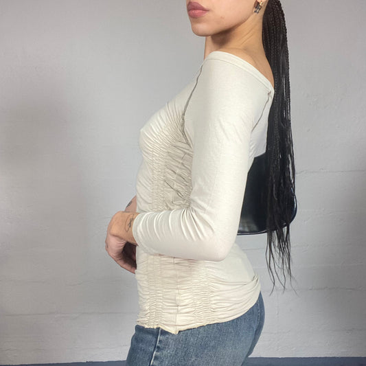 Vintage 2000's Downntown Girl Beige Ruched Long Sleeve Top with 'Onyx Jeans' Camo Patched Up Detail (M/L)