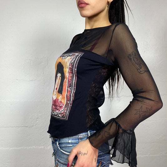 Vintage 90's Phoebe Buffay Black See Through Longsleeve Top with Girl Portrait Print Detail (S)