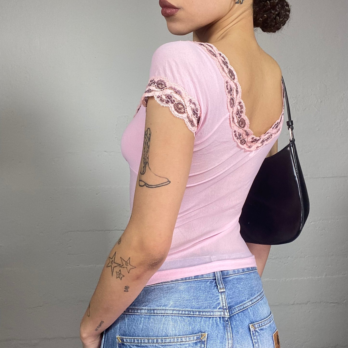 Vintage 2000's Coquette Pink Top with Lace Trim Detail (S)