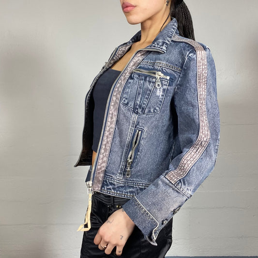 Vintage 90's College Girl Washed Out Denim Short Jacket with Pink Trims Detail (S)