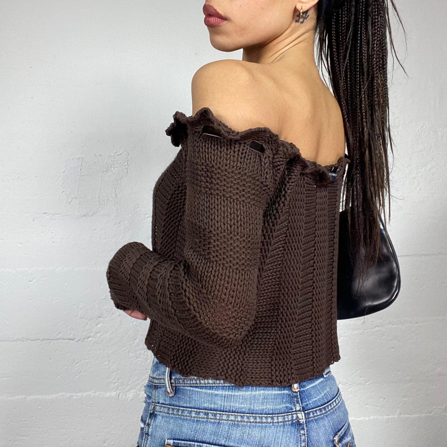 Vintage 2000's Fairy Brown Off Shoulder Knitted Jumper with Satin Lace Up Detail (S/M)