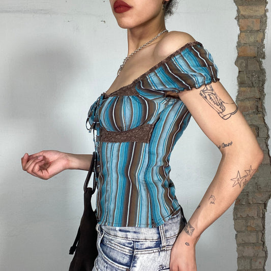Vintage 2000's Milkmaid Blue and Brown Striped Shirt with Brown Lace Details (S)