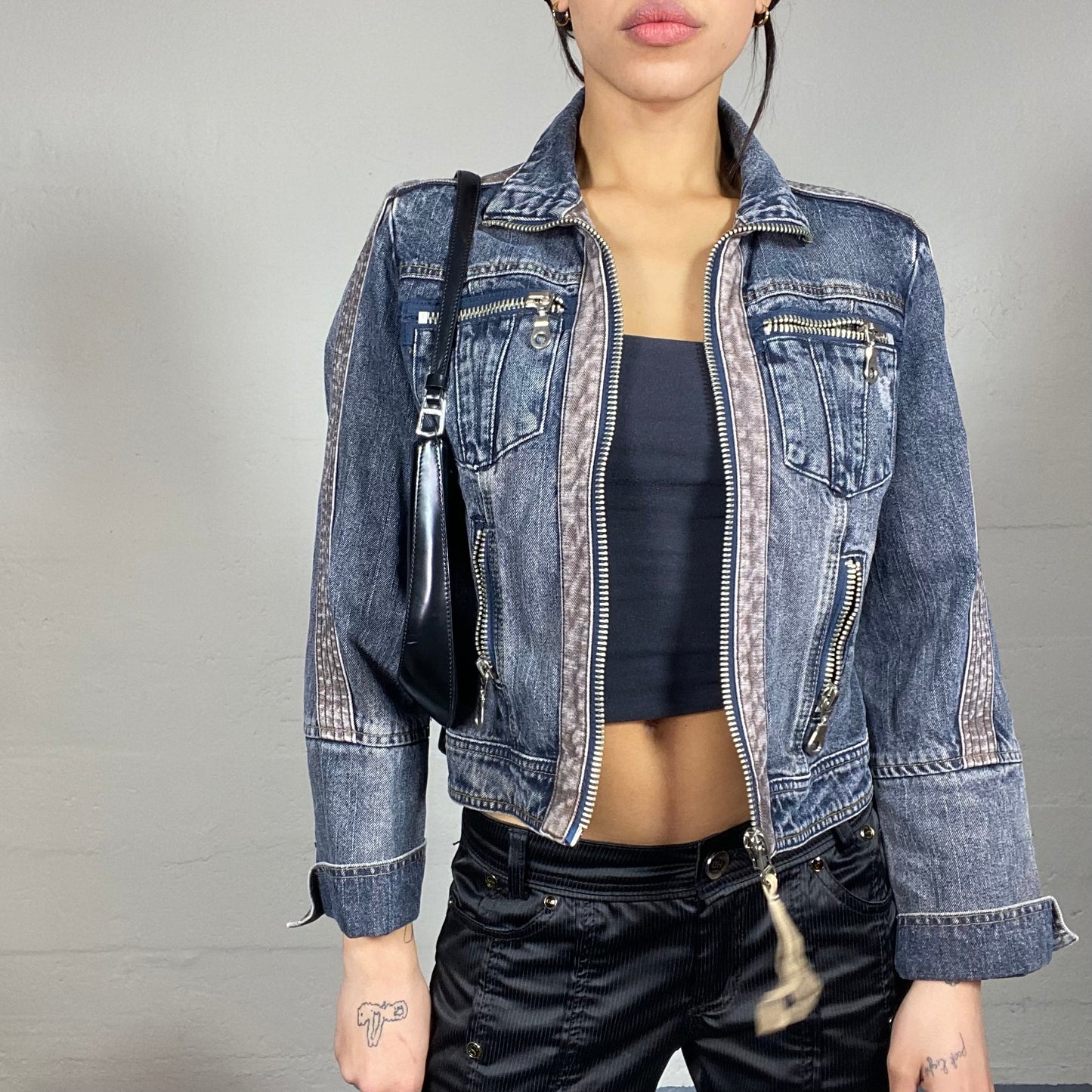 Vintage 90's College Girl Washed Out Denim Short Jacket with Pink Trims Detail (S)