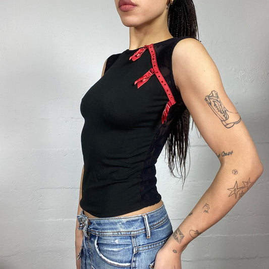 Vintage 2000's Downtown Girl Black Top with Red Side Ribbon Trim and Mesh Lace Back Detail (S)