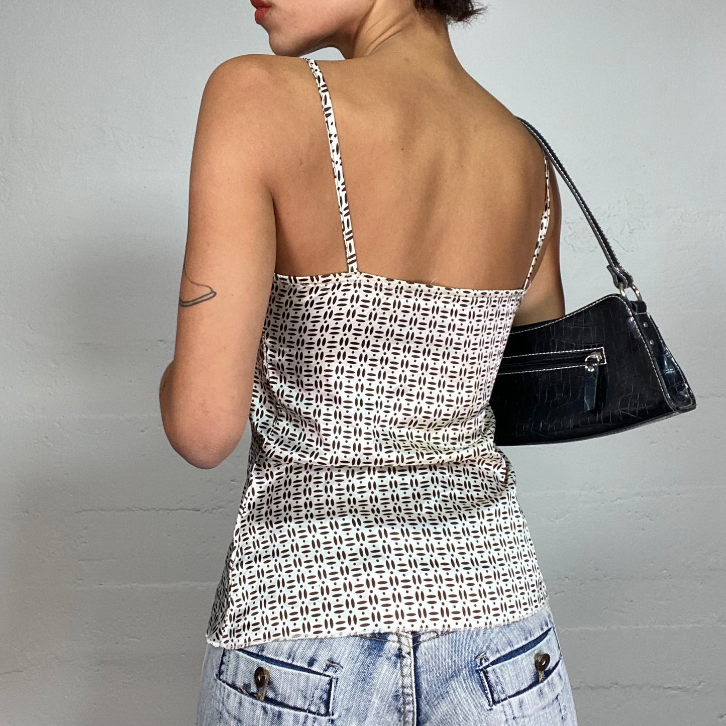 Vintage 2000's Downtown Girl Pearl Grey Top with Black Dots Print (S/M)