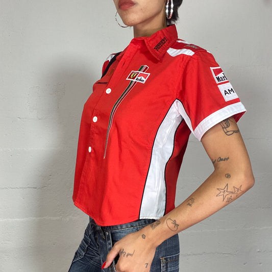 Vintage 2000's Ferrari Sporty Red Oversized Button Up Shirt with Brand Logo Print (L)