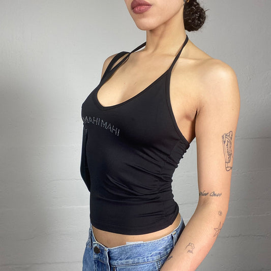 Vintage 2000's Clubwear Black Neckholder Top with "MahiMahi" Front Strass Print (S/M)