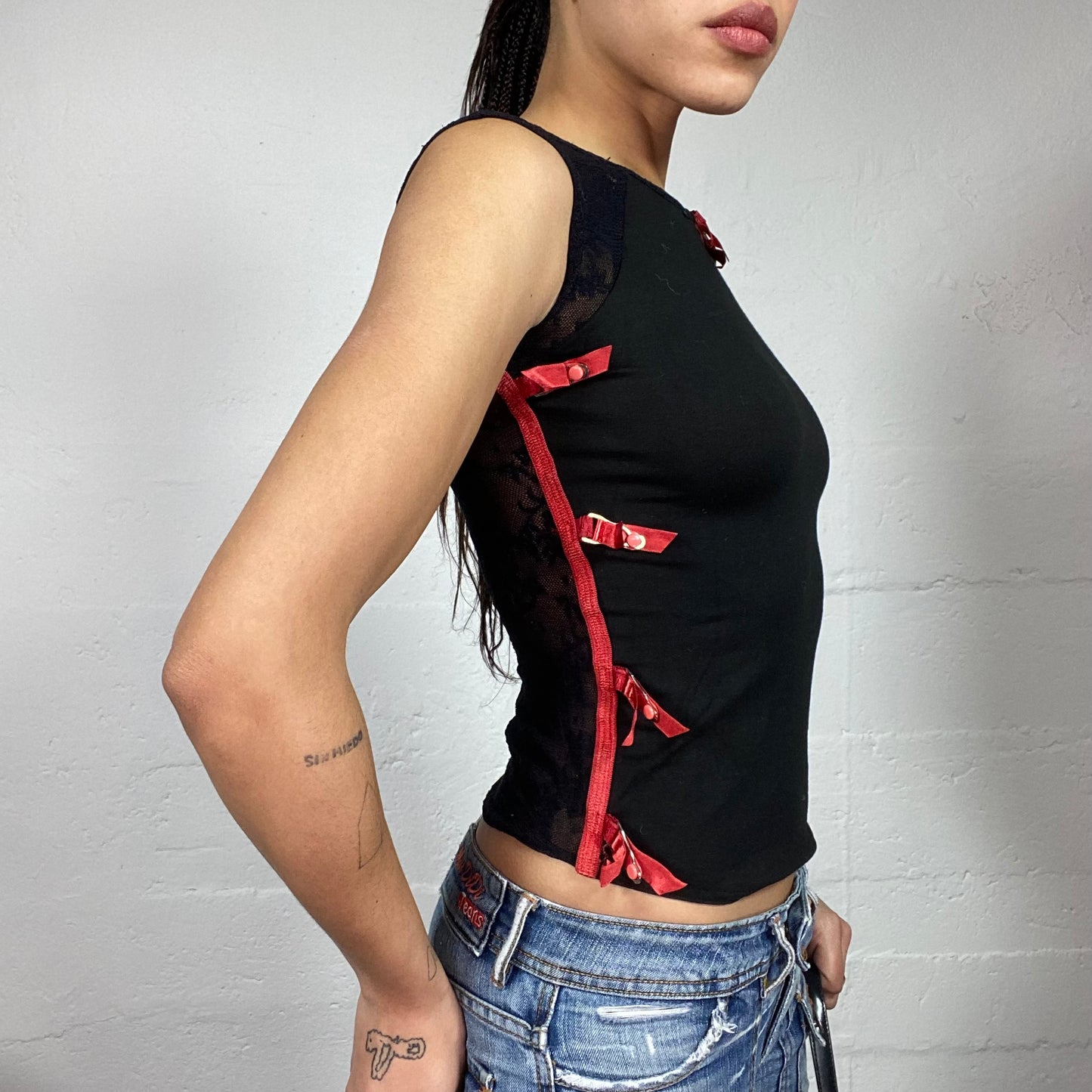 Vintage 2000's Downtown Girl Black Top with Red Side Ribbon Trim and Mesh Lace Back Detail (S)