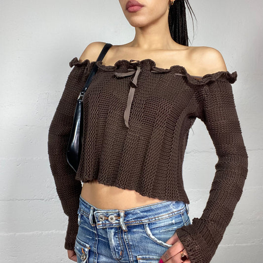 Vintage 2000's Fairy Brown Off Shoulder Knitted Jumper with Satin Lace Up Detail (S/M)