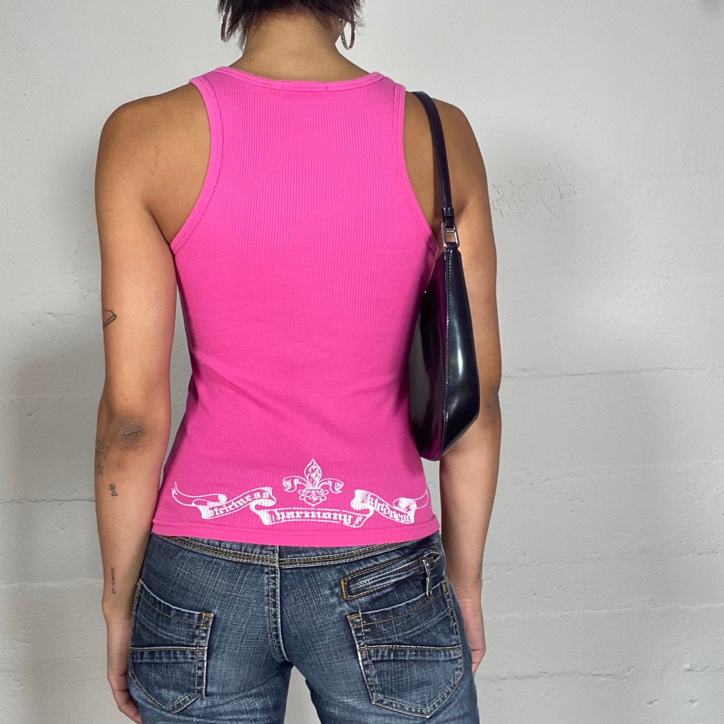 Vintage 2000's Barbie Core Pink Top with White "Faith" Print and Rhinestones Detail (S)