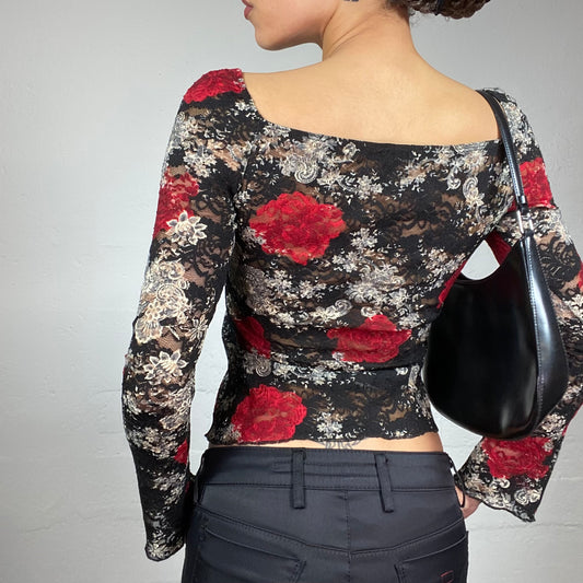 Vintage 2000's Whimsigoth Black Longsleeve Lace Covering Top with Red Rose Maxi Print (S/M)